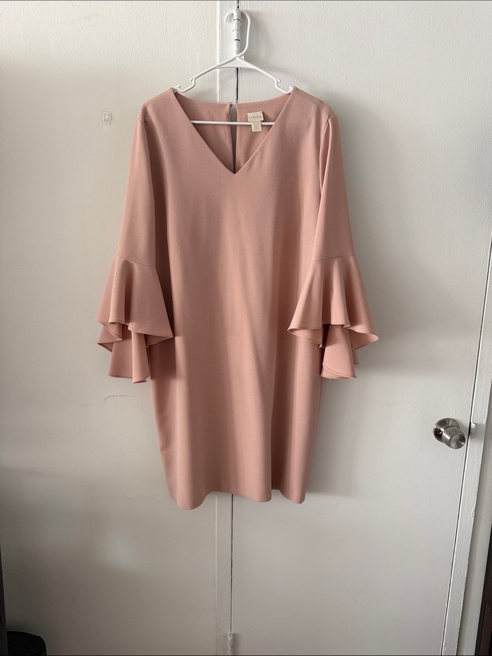 Chico's Blush Pink V-Neck Midi Dress with Tiered Ruffle Sleeves